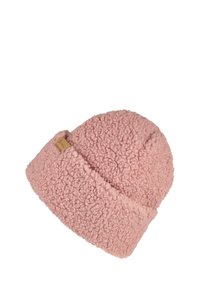 Soft, pink, knitted beanie hat with a folded cuff and a small brown fabric tag on the side, displayed on a white background.