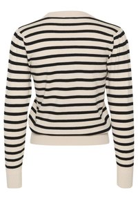 Schwarz-weißer gestreifter Pullover mit langen Ärmeln, rundem Halsausschnitt, gerippten Bündchen und Saum. Glatte Stricktextur mit horizontalen Streifen.