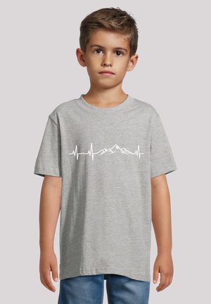 Gray cotton T-shirt with a round neck, featuring a white mountain and heartbeat line graphic across the chest. Short sleeves, relaxed fit.