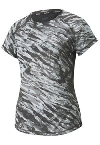 Grå och svart atletisk t-shirt med ett zick-zackmönster, korta ärmar och rund halsringning. Tillverkad av lätt och andningsbart material.