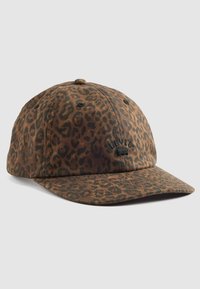 Brown and black leopard print baseball cap with curved brim and small black embroidered Levi's logo on front center.