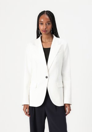White blazer with a structured design, single button closure, notch lapels, and front pockets. Smooth fabric with a tailored fit.