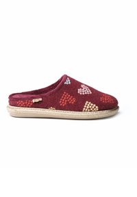 Chausson en laine bourgogne avec des motifs de cœurs multicolores, doublure intérieure douce et semelle en jute texturé pour une meilleure adhérence et confort.