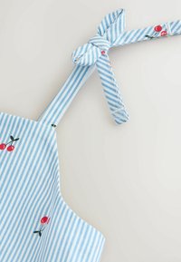 Mėlynos ir baltos spalvos dryžuotas audinys su mažais raudonais vyšnių raštais, puoštas surišta kaspinėliu ant plono petnešos dirželio.