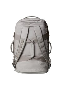 Light gray backpack with padded straps, multiple compartments, reinforced seams, and side handles for easy carrying. Smooth nylon material.