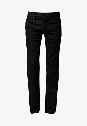 Jeans de denim negro ajustados con bolsillos frontales, trabillas para el cinturón y cierre de botón, presentados sobre un fondo blanco.