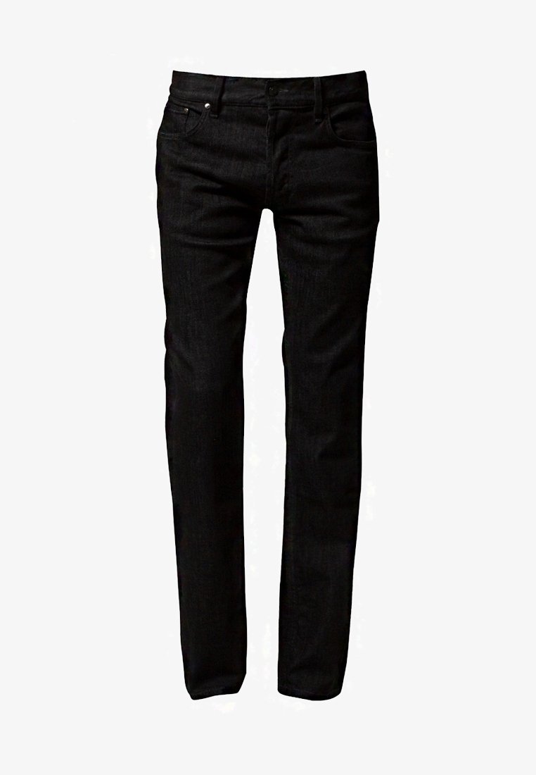 Jeans de denim negro ajustados con bolsillos frontales, trabillas para el cinturón y cierre de botón, presentados sobre un fondo blanco.