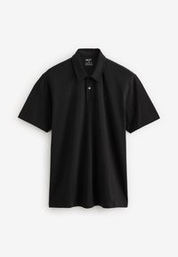 Črna polo majica iz bombaža s klasičnim ovratnikom, kratkimi rokavi, zapenjanjem na dva gumbka in izvezenim logotipom na prsih.