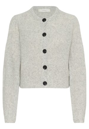 Grijze wollen cardigan met een ronde halslijn, voorzien van een gemêleerd patroon, zes zwarte knopen aan de voorkant en half lange mouwen.