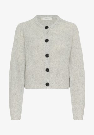 Grijze wollen cardigan met een ronde halslijn, voorzien van een gemêleerd patroon, zes zwarte knopen aan de voorkant en half lange mouwen.