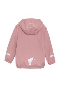 Rosa vattentät jacka med huva, elastiska ärmslut och en vit elefantgrafik på den nedre ryggen. Har reflexstrimmor på ärmarna.