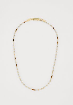 Käevõru, millel on väiksed kuldsed aktsendid; sisaldab erinevat värvi helmeid, sealhulgas pruuni ja beezhi, ning kuldset lukku koos pikendusketiga.