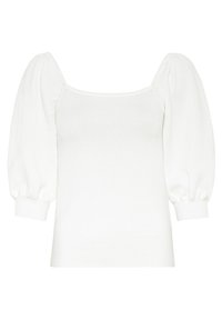 Weißes Strickoberteil mit quadratischem Ausschnitt und puffierten kurzen Ärmeln. Ausgestattet mit einem gerippten Textil und einer taillierten Passform.