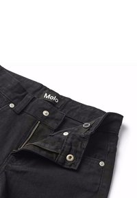 Pantaloni in denim nero con zip, etichetta Molo, dettagli in metallo argentato e cuciture rinforzate. Presentano un classico design a cinque tasche.