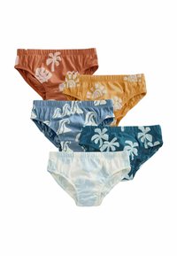 Pakke med fem svømmebokser i forskellige farver: rust, sennep, lyseblå, teal og hvid, med tropiske mønstre og rynkede taljer.