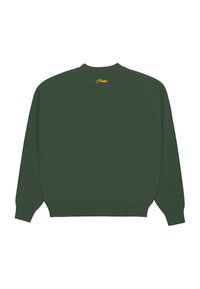 Zielona bluza z okrągłym dekoltem, wykonana z mieszanki bawełny, z prążkowanymi mankietami i dolnym brzegiem, z małym żółtym logo na karku.