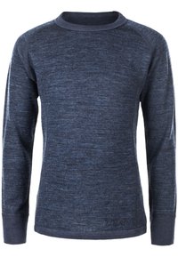 Marineblaues Langarmshirt mit strukturiertem Strickmuster. Verfügt über einen Rundhalsausschnitt und gerippte Bündchen. Subtiles Logo unten rechts.