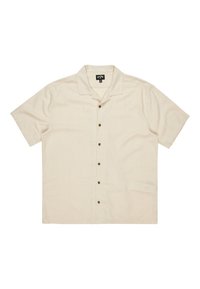 Beige kortærmet skjorte med krave, med knaplukning fortil, brune knapper og en sidelomme; letvægtsstof.