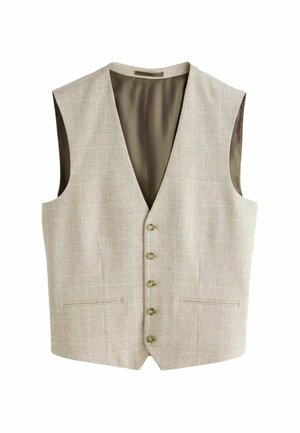 Bézs kockás férfi mellény öt gombbal, két elülső sávos zsebbel, sima barna bélésréteggel, ujjatlan és gallér nélküli.