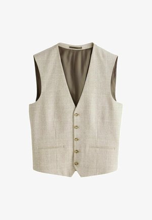 Beige-ruudullinen miesten liivi, jossa on viisi nappia, kaksi etutaskua ja sileä ruskea vuori. Hihaton ja kaulukseton.