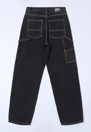 Black denim trousers with a relaxed fit, featuring multiple pockets, visible stitching, and a straight leg design.