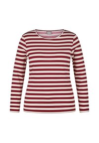 Langärmeliges T-Shirt mit rundem Ausschnitt, aus weichem Stoff mit abwechselnden horizontalen Streifen in Burgunderrot und Cremefarben.