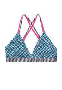 Driekhoekbikini-top met een blauw en roze geometrisch patroon. Voorzien van roze bandjes en een gestreepte zwart-witte band aan de onderkant.
