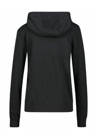 Černá mikina s kapucí, dlouhými rukávy, měkkou texturou a jednoduchým designem. Zadní pohled ukazuje zakřivený lem a švy kapuce.