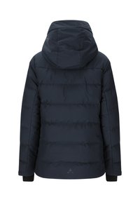 Dunkelblaue gepolsterte Jacke mit Kapuze, die eine glatte Textur, horizontale Nähte und elastische Bündchen aufweist; Logo am Saum.