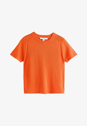 Krótki rękaw, jasnopomarańczowy sweter dzianinowy z prążkowanym okrągłym dekoltem, mankietami i dołem, oznaczony jako rozmiar mały.