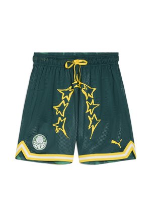 Grüne Mesh-Shorts mit gelben Akzenten und Kordelzug. Mit Sternmustern, einem Palmeiras-Logo und gelben Nähten am Saum.