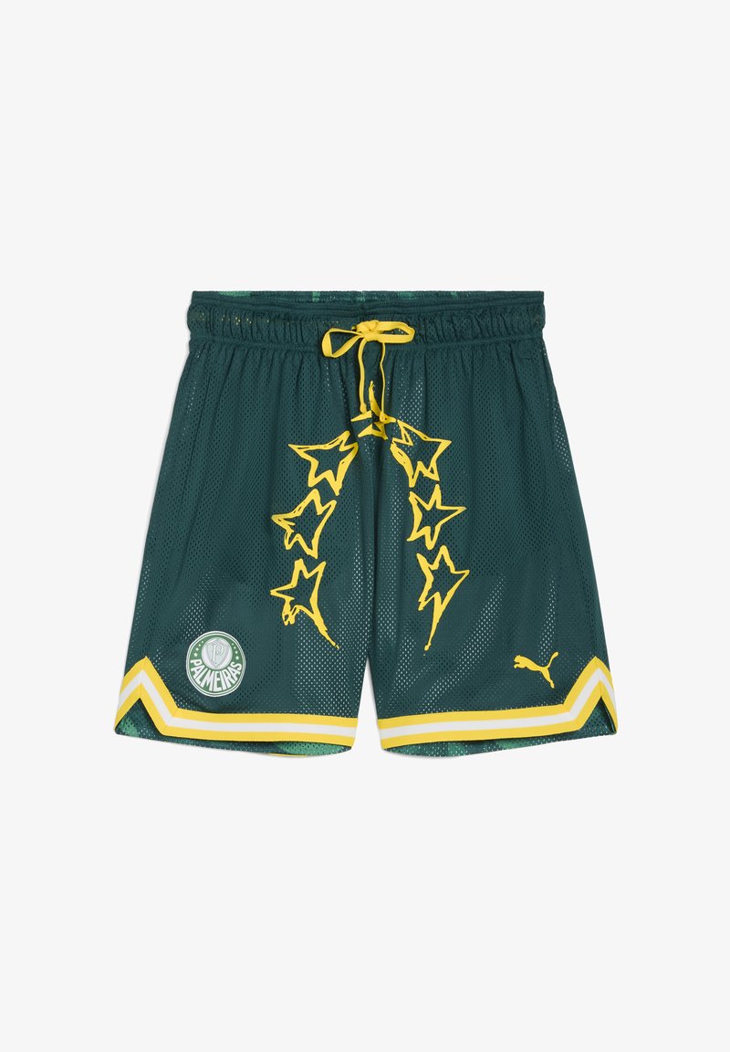 Calções em malha verde com detalhes amarelos e cordão. Apresentam padrões de estrelas, um logo do Palmeiras e uma borda amarela na bainha.