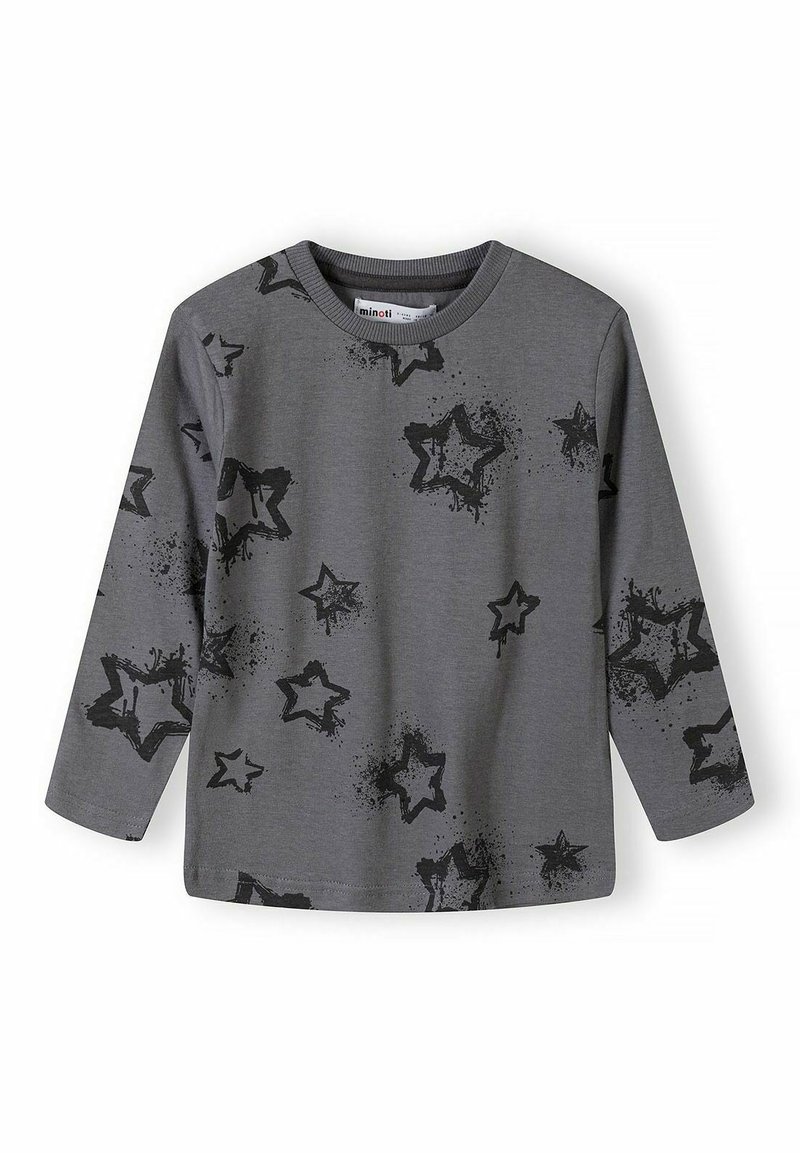 Graues Langarmshirt mit schwarz bespritzten Sternmustern, die über den Stoff verteilt sind.