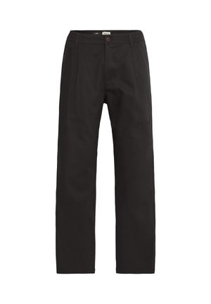 Black linen trousers with a straight-leg cut, featuring a front button closure and two side pockets. Texture appears smooth and durable.