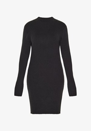 Czarna dzianinowa sukienka prążkowana z długimi rękawami, okrągłym dekoltem i dopasowanym krojem, z pionowym prążkiem na całej powierzchni.