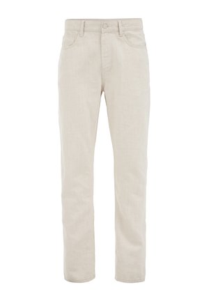Beige linen trousers with a straight-leg design, featuring front pockets, a zip fly, and a single button closure. Smooth texture and casual style.