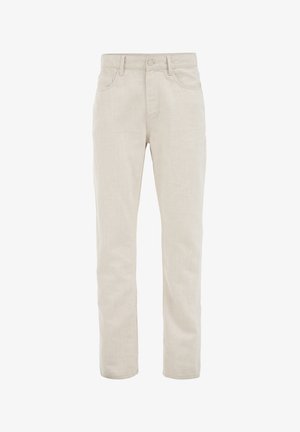 Vaaleanbeige pellavahousut suoran lahkeen muotilla, joissa on etutaskut, vetoketjusuljenta ja yksi napitus. Sileä pinta ja rento tyyli.