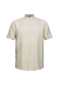 Chemise en lin beige à manches courtes avec col mandarin et six boutons à l'avant, présentée sur un fond blanc.