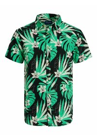 Chemise à manches courtes avec boutons, feuilles tropicales vertes et fleurs blanches sur fond noir.