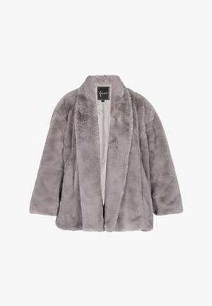 Cappotto in peluche grigio con colletto a scialle, design aperto sul fronte e maniche lunghe. La texture morbida e il materiale soffice aumentano calore e comfort.