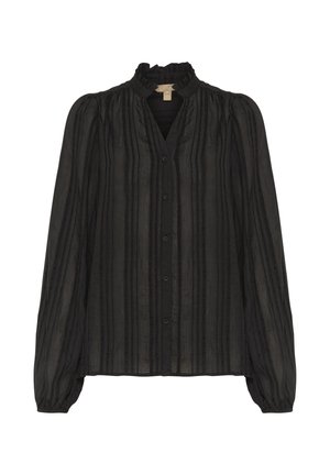 Schwarze Bluse mit langen Ärmeln, Rüschensaum, vertikalen Streifen und Knopfleiste vorne. Hergestellt aus einem leichten, strukturierten Stoff.