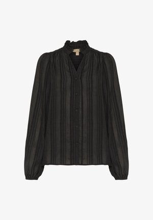 Črna bluza z dolgimi rokavi in nabrano ovratnico, z navpičnimi črtami in sprednjim gumbom. Narejena iz lahkotnega, teksturiranega materiala.