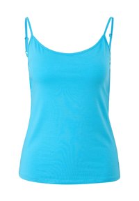 Un débardeur camisole bleu clair avec bretelles ajustables, en matière lisse et extensible, doté d'un col arrondi et d'une coupe ajustée.