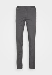 Šedé kalhoty vyrobené z lehkého materiálu, se střihem rovného nohavice, předními kapsami a decentním designovým akcentem na pase.