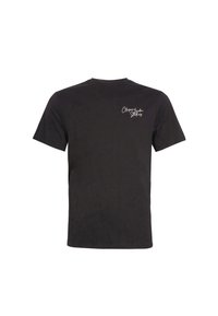 Czarny bawełniany t-shirt z okrągłym dekoltem i krótkimi rękawami. Zawiera biały nadruk tekstowy po lewej górnej stronie.