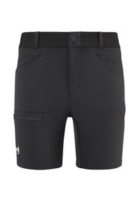Shorts d'extérieur noirs avec une poche zippée sur la cuisse, des passants pour ceinture, une fermeture à bouton, et un petit logo blanc près de l'ourlet sur la jambe gauche.