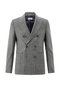 Grauer zweireihiger Nadelstreifenblazer mit spitzen Revers, schwarzen Knöpfen und zwei aufgesetzten Vorderaschen.