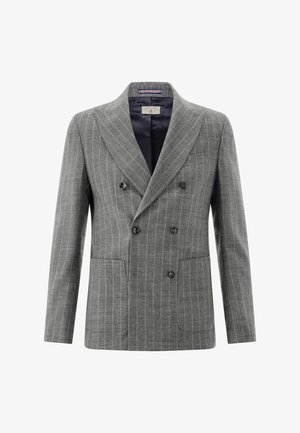 Grauer zweireihiger Nadelstreifenblazer mit spitzen Revers, schwarzen Knöpfen und zwei aufgesetzten Vorderaschen.
