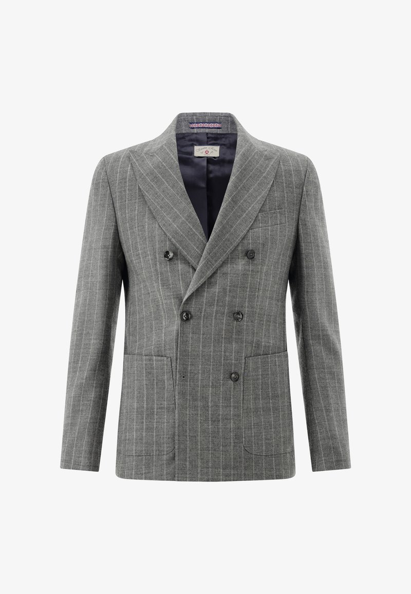 Grauer zweireihiger Nadelstreifenblazer mit spitzen Revers, schwarzen Knöpfen und zwei aufgesetzten Vorderaschen.