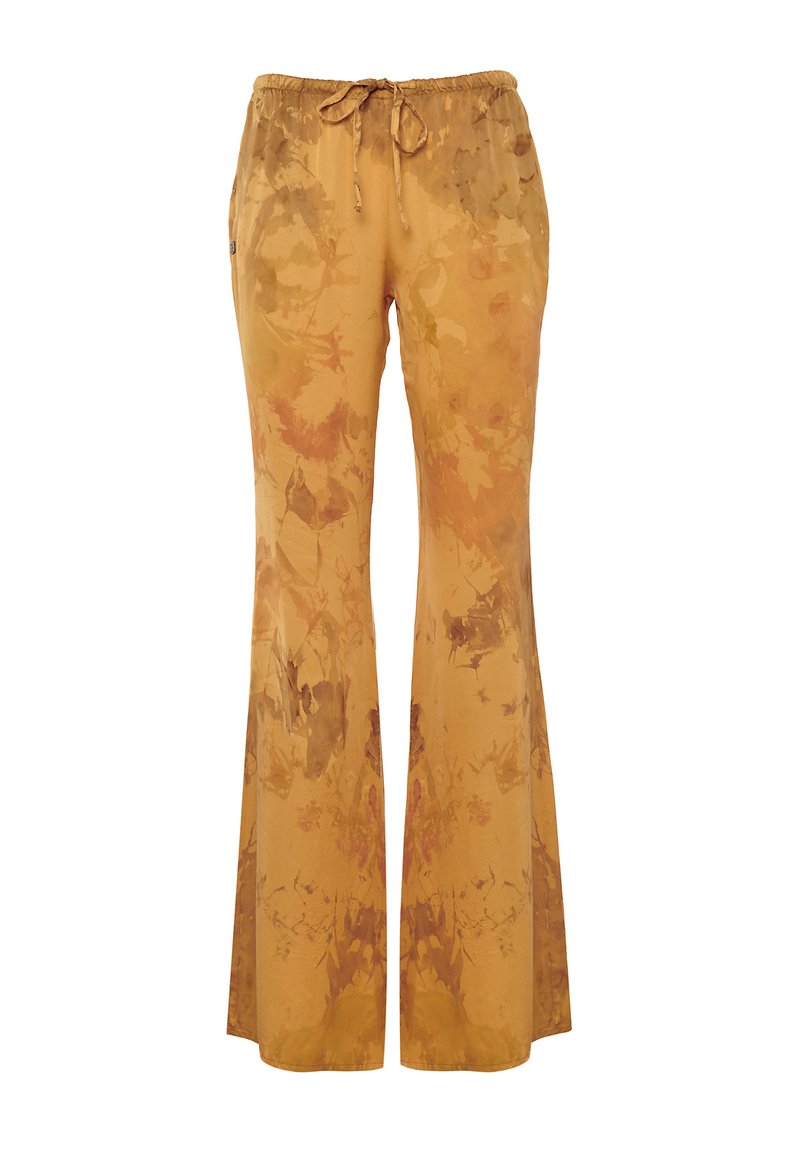 Pantaloni a palazzo di un caldo colore senape con un motivo floreale, realizzati in tessuto leggero; dotati di una vita elasticizzata con cordoncino.